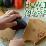 Using a chef's knife to cut an avocado on a cutting board with text overlay for Pinterest