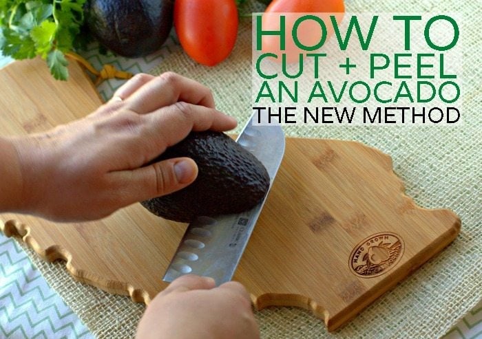 Using a chef\'s knife to cut an avocado on a cutting board with text overlay for Pinterest