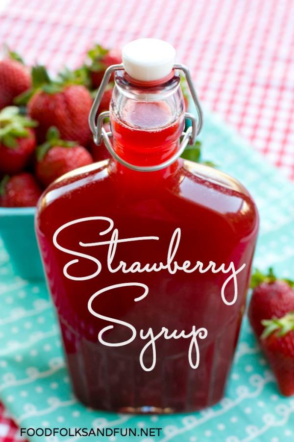 Strawberry pancake syrup in a syrup jar.