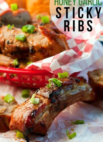 Honey Garlic Sticky Ribs in a basket with text overlay for Social media