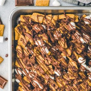A close up picture of the finished S'mores Snack Mix on a sheet pan.