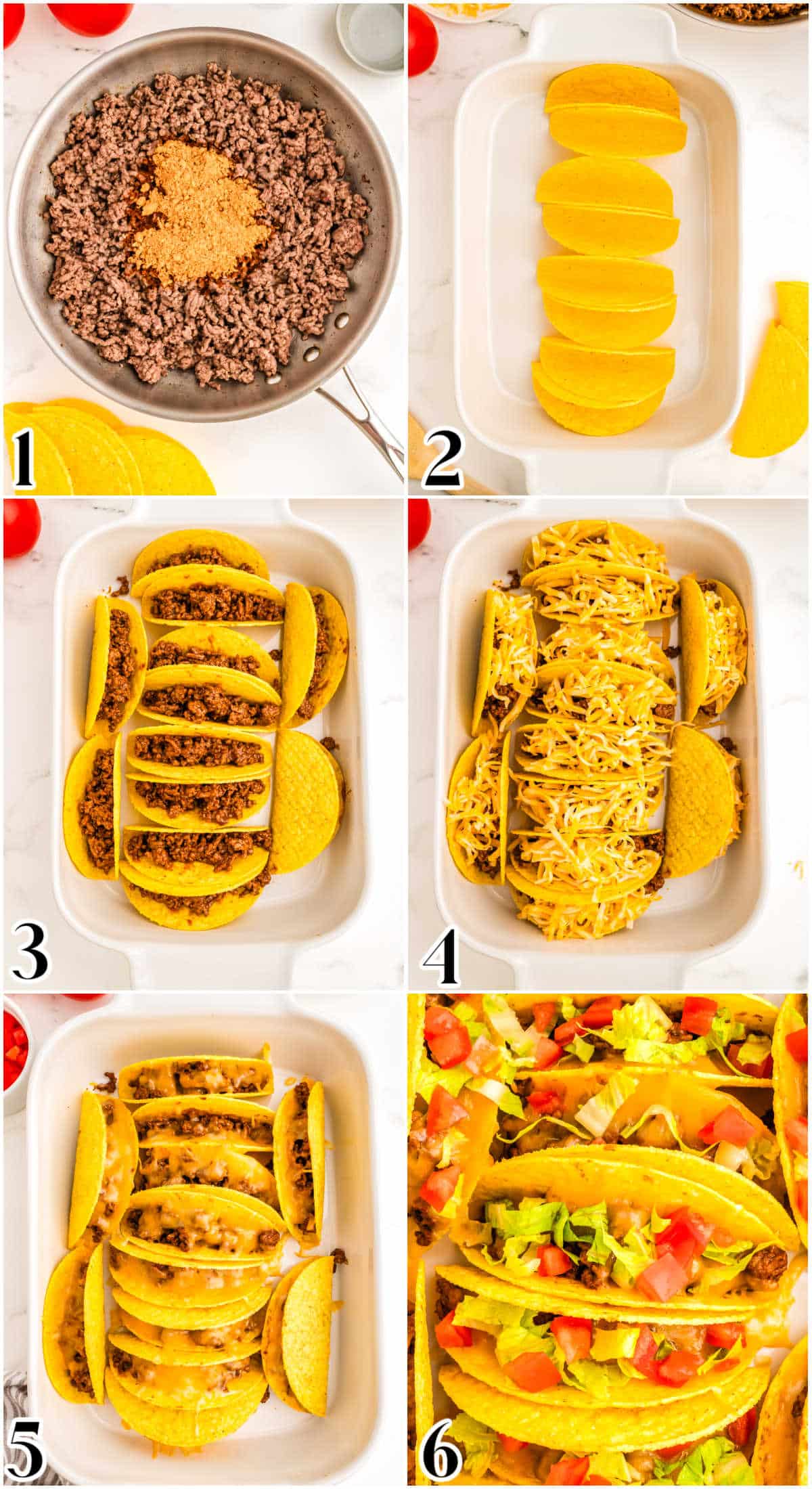 A picture collage showing how to make baked tacos, everything from browning the meat to baking them with cheese until warm and melty.