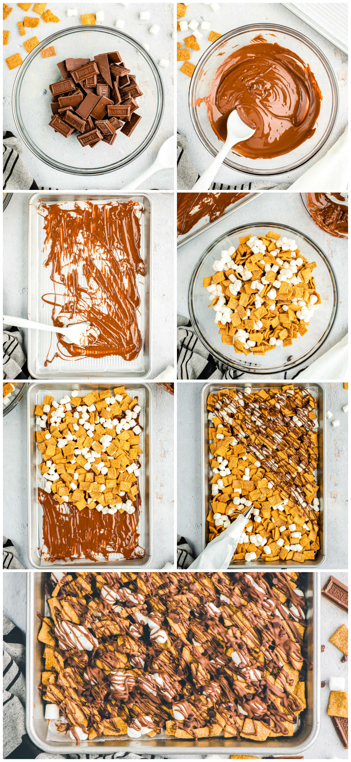 A picture collage showing how to make S'mores Snack Mix.