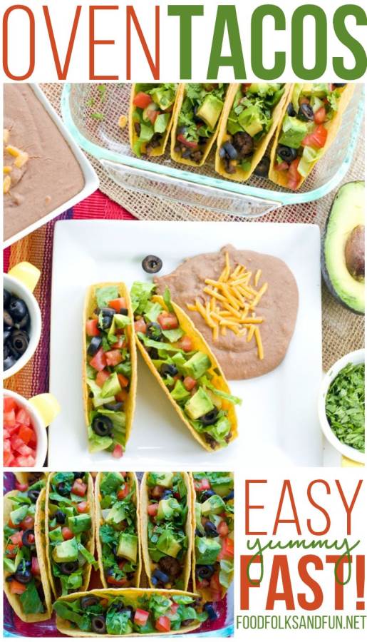 A collage of oven tacos on a plate with text overlay for Pinterest