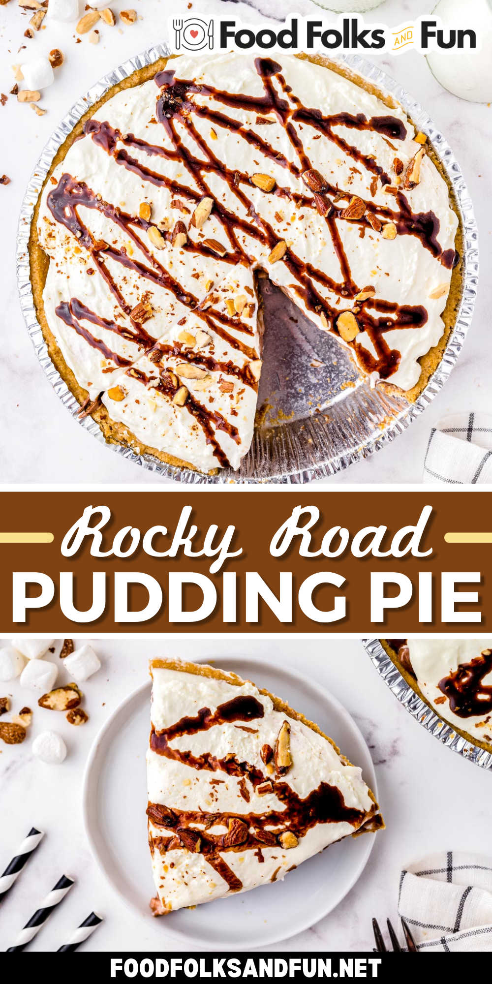 Whether you serve this Rocky Road Pie chilled or frozen, it's a delicious treat filled with luscious chocolate pudding, marshmallows, and toasted almonds. via @foodfolksandfun