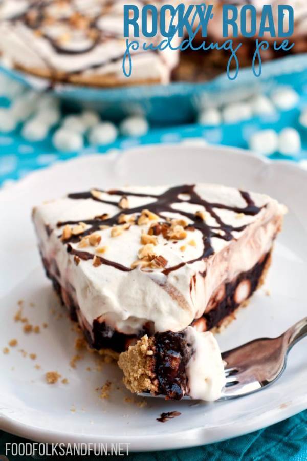 A close-up of rocky road pudding pie on a plate