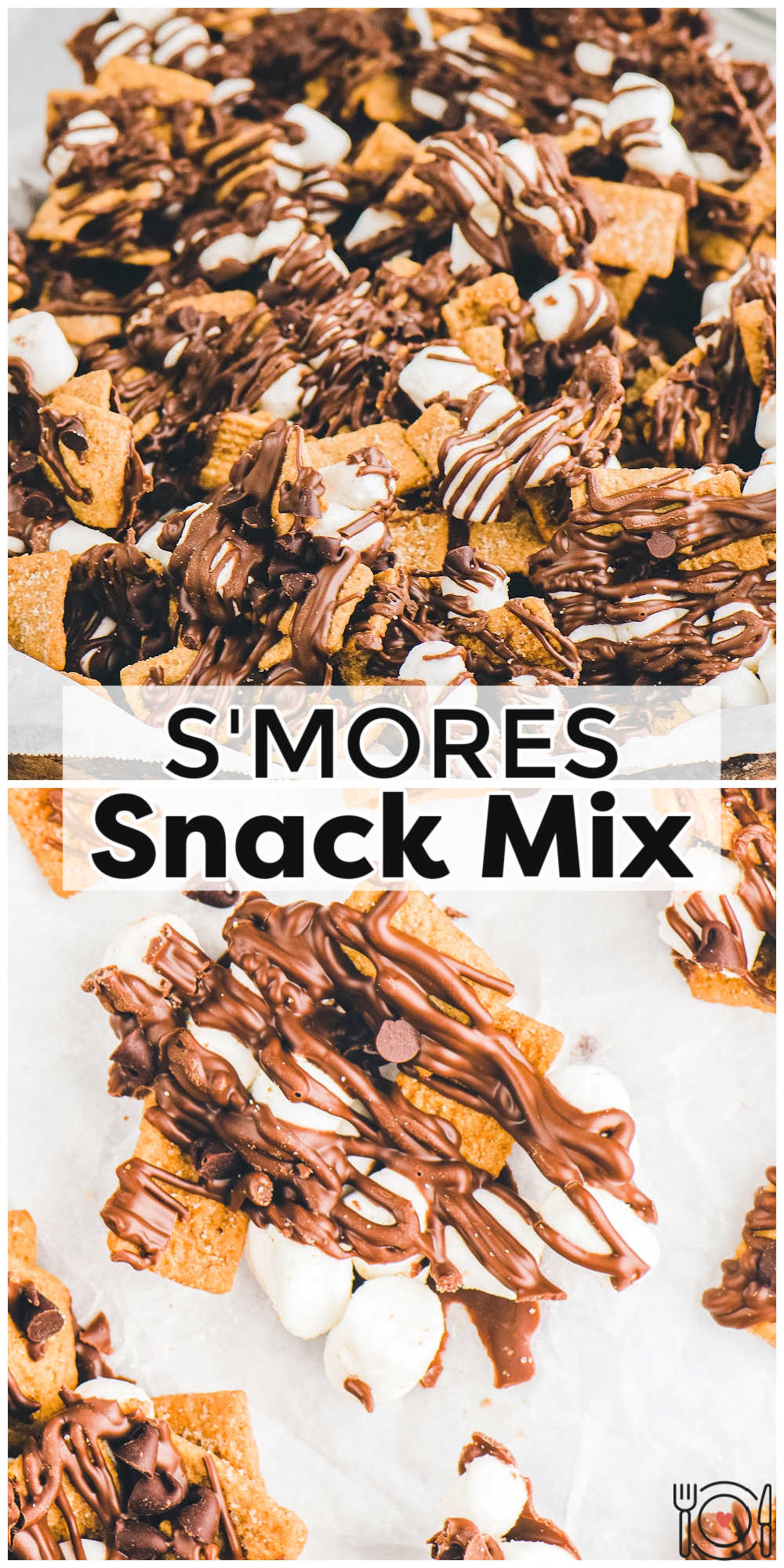 S'mores Snack Mix is delicious, easy to make, and irresistible. It combines graham cereal, melted milk chocolate bars, mini chocolate chips, and marshmallows. via @foodfolksandfun