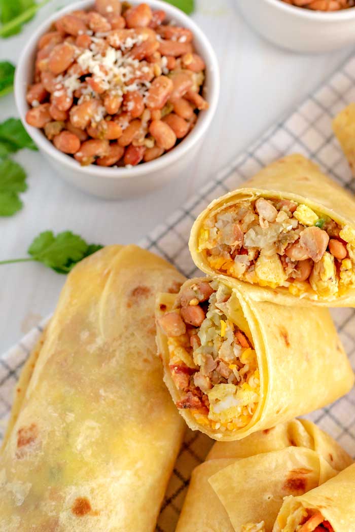 Breakfast burritos with green chile pinto beans.