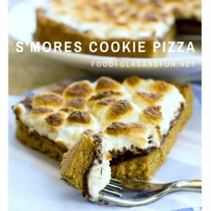 Easy S'mores Cookie pizza on a plate with text overlay for Pinterest