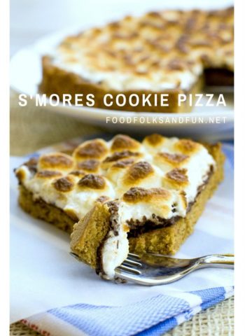 Easy S'mores Cookie pizza on a plate with text overlay for Pinterest