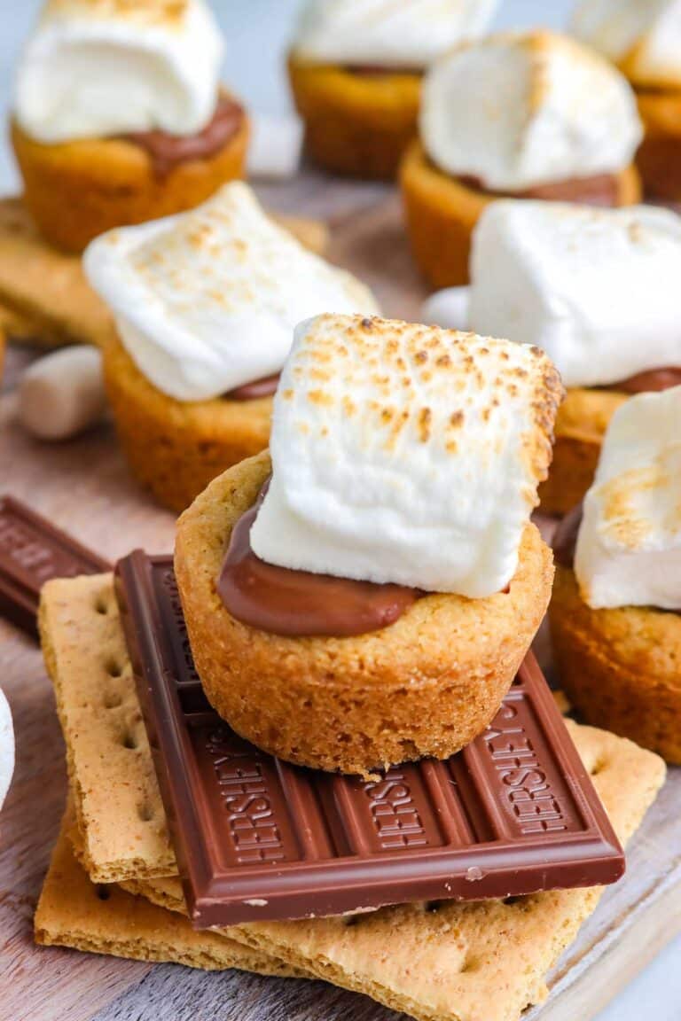 A s'more bite on top of a graham cracker and a piece of chocolate.
