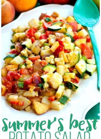 Summer's Best Potato Salad in a large serving bowl with text overlay for Pinterest