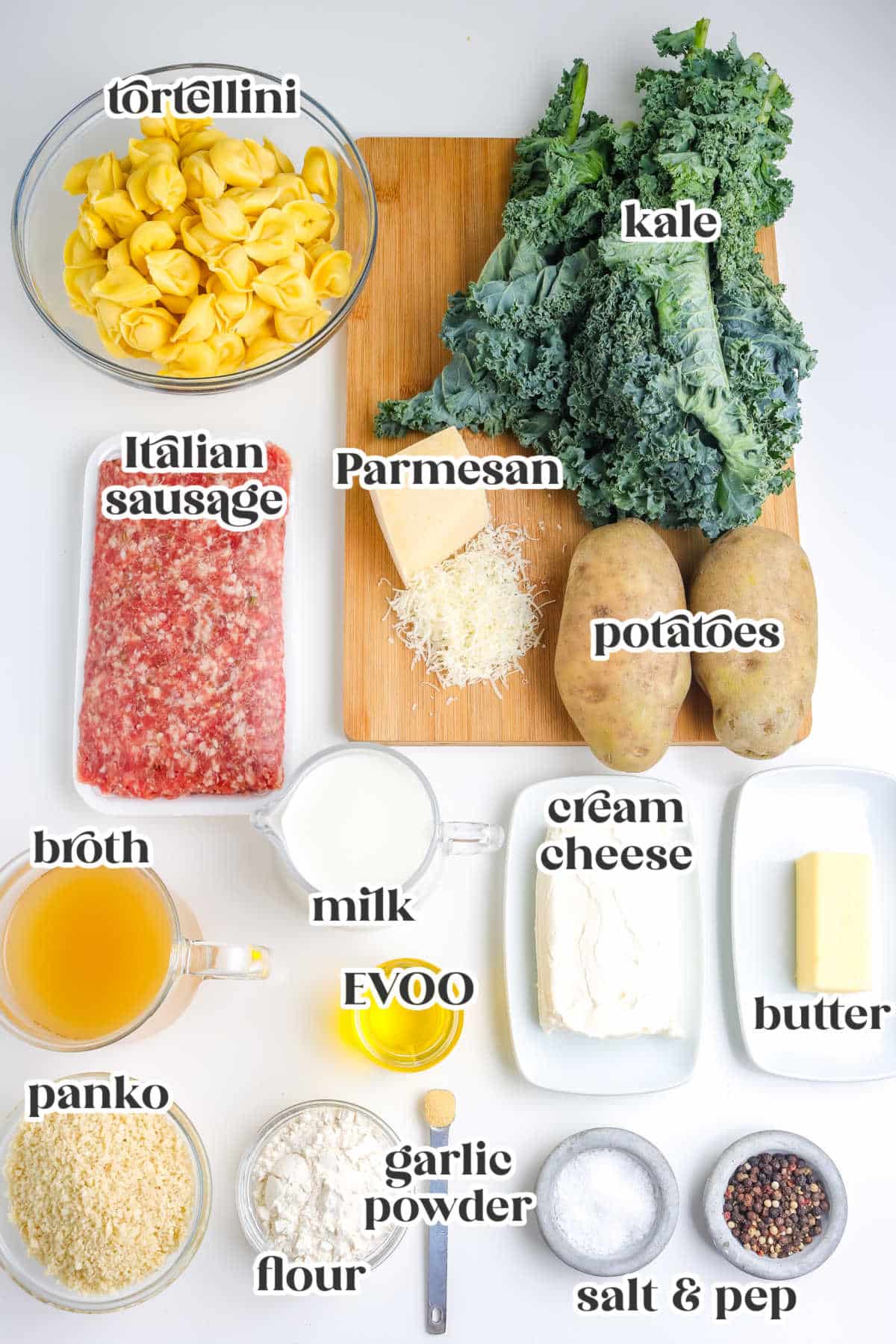 All of the ingredients needed to make this recipe and they're labeled.