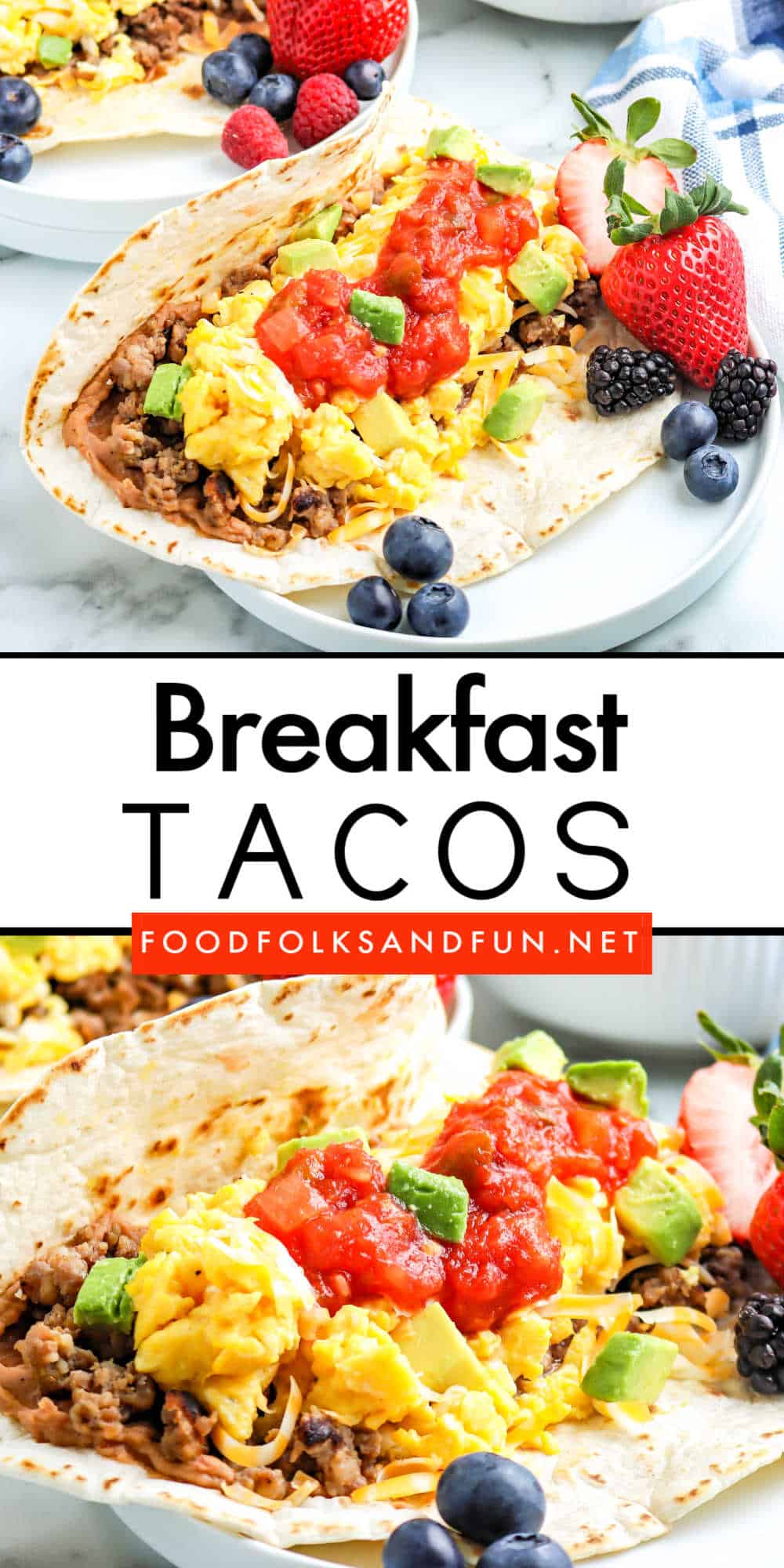 These breakfast tacos, featuring eggs, sausage, refried beans, and many other Mexican goodies, are my secret weapon for out-of-town guests. They’re easy to prepare and throw together, and everyone always loves them!
 via @foodfolksandfun
