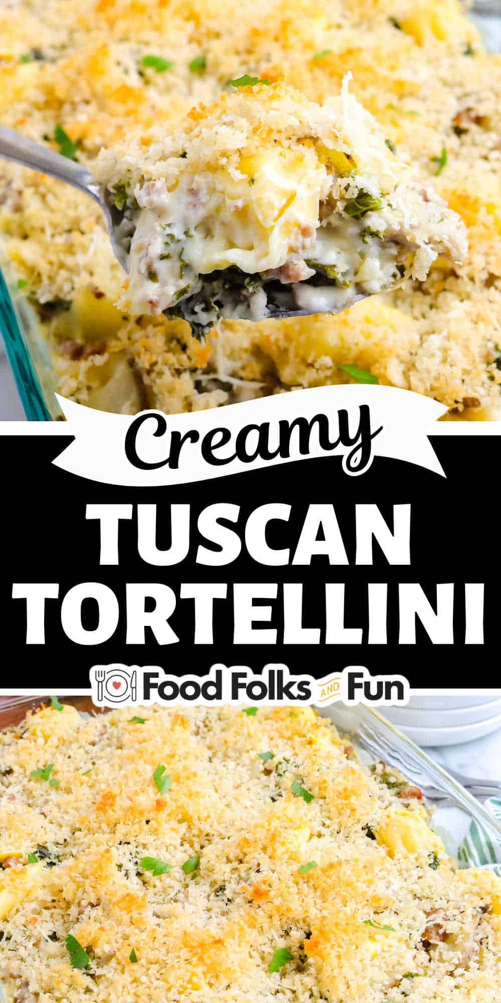 This baked tortellini combines Italian sausage, creamy sauce, tortellini, and kale for a quick and easy weeknight meal. via @foodfolksandfun