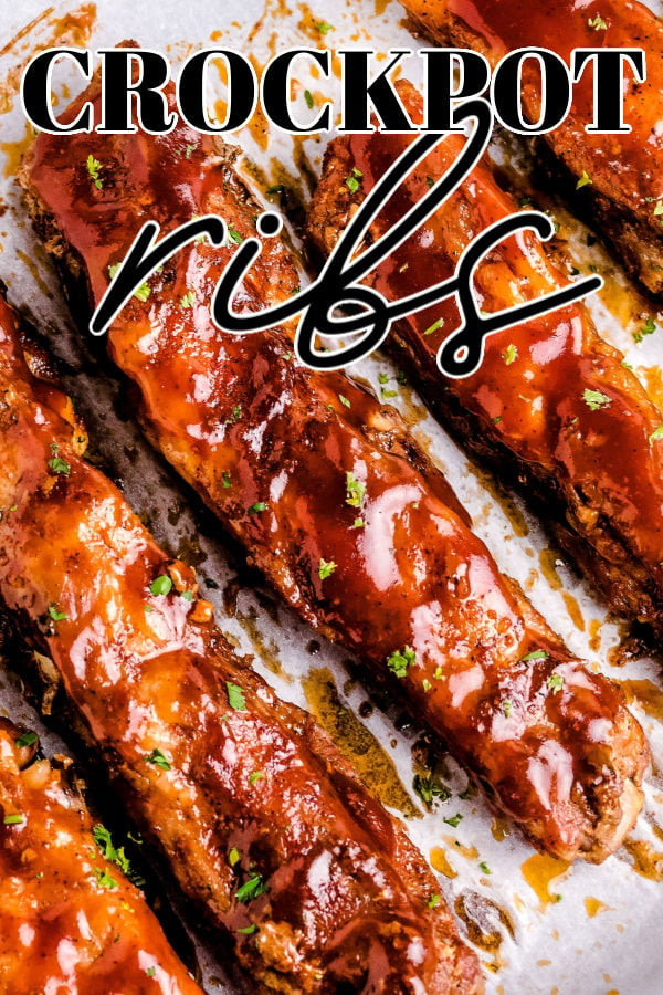 Finished Slow Cooker Spare Ribs with text overlay for Pinterest.