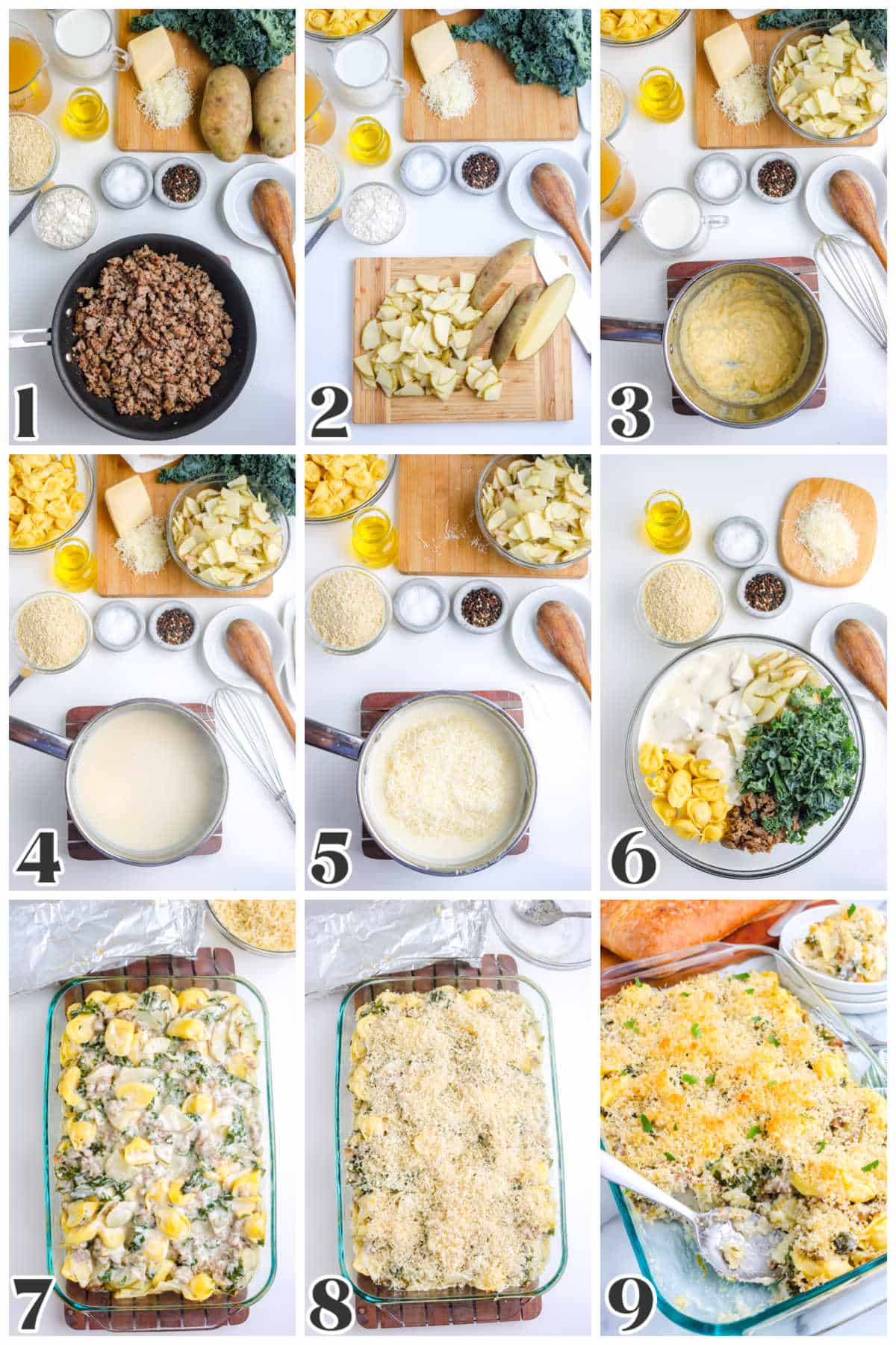 A picture collage showing how to make this entire recipe from the creamy sauce to baking and serving.