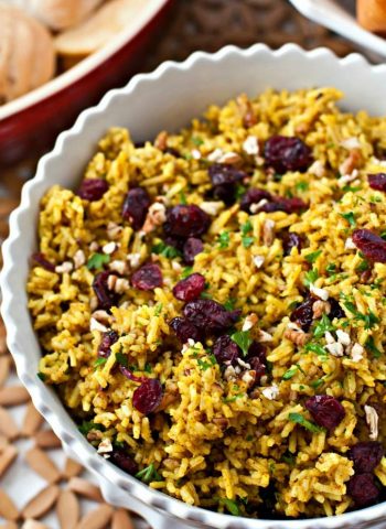 Cranberry Curry Rice in a white serving bowl.