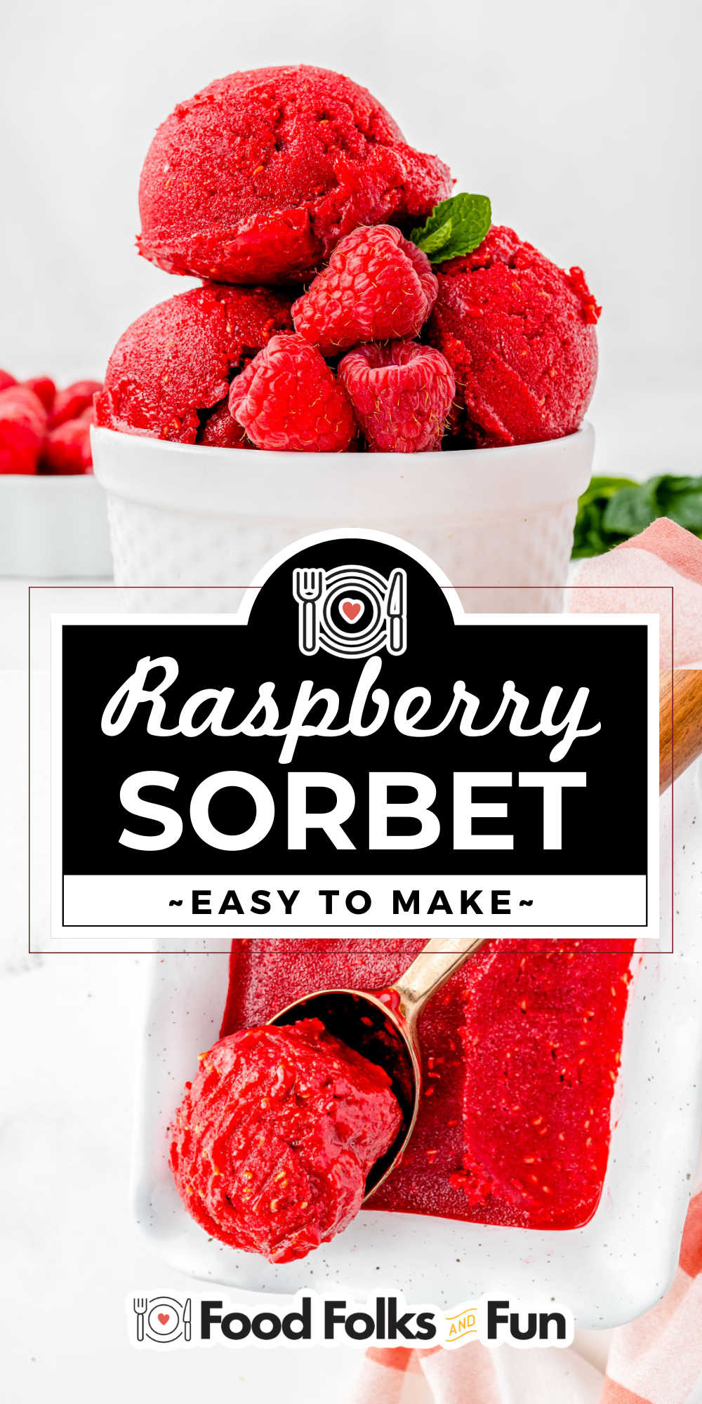 Homemade Raspberry Sorbet takes only a few minutes of prep time to make. You only need four ingredients to make a perfect light summer treat. via @foodfolksandfun