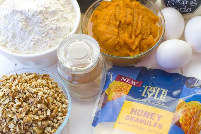 All of the ingredients for this pumpkin honey bundt cake. 