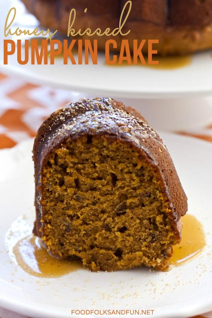 This Honey Kissed Pumpkin Cake is laced with pecans and it is sweetened with tasty honey flavor. Serve this pumpkin cake for dessert or for brunch!