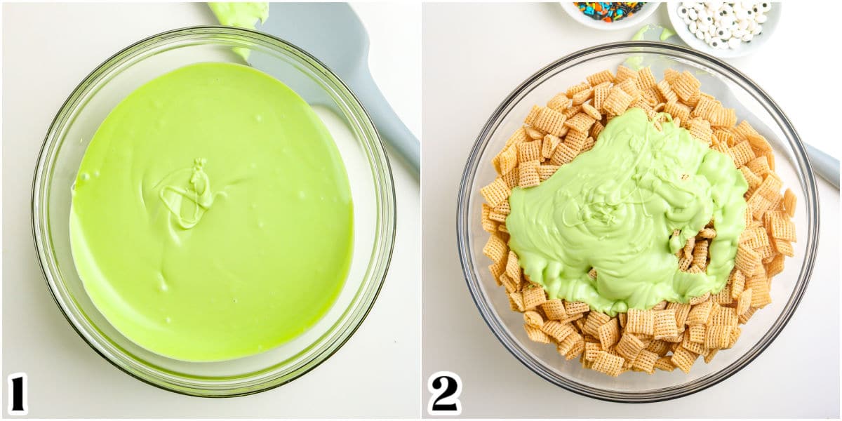 The melted candy melts added to a bowl of rice Chex.
