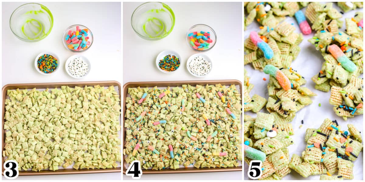 The coated Chex is on a rimmed baking sheet with the candy and sprinkles added to it, and then it is broken apart once hardened.