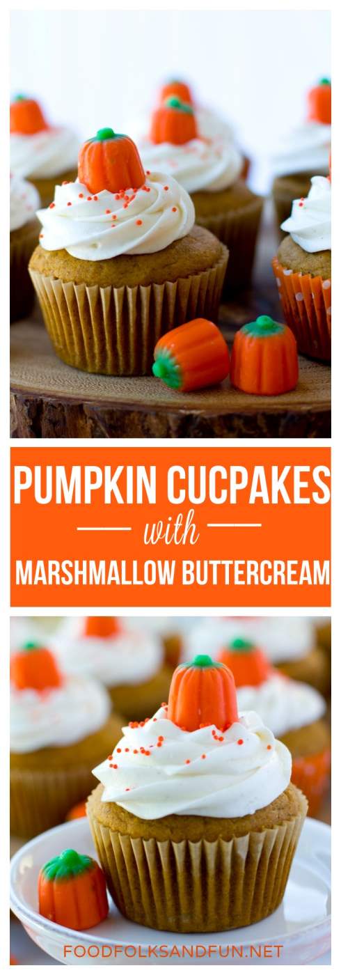 A collage of Pumpkin Cupcakes with marshmallow buttercream with text overlay for social media