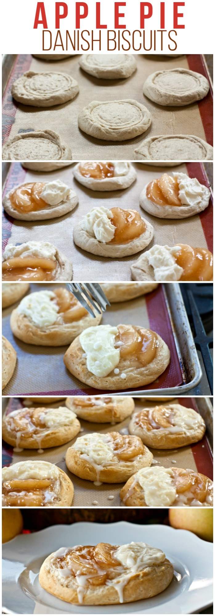 Picture collage of how to make apple pie danishes.