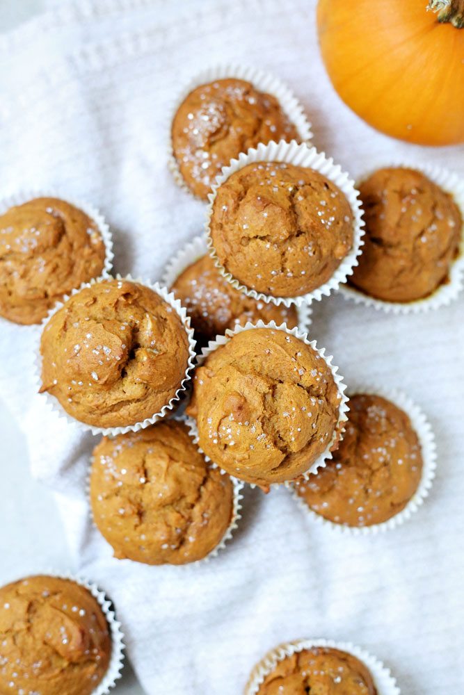 Pumpkin muffins stacked on top of each other.