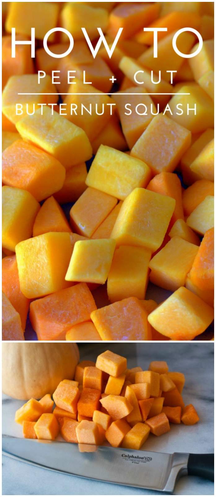 A collage of cut butternut squash with text overlay for Pinterest