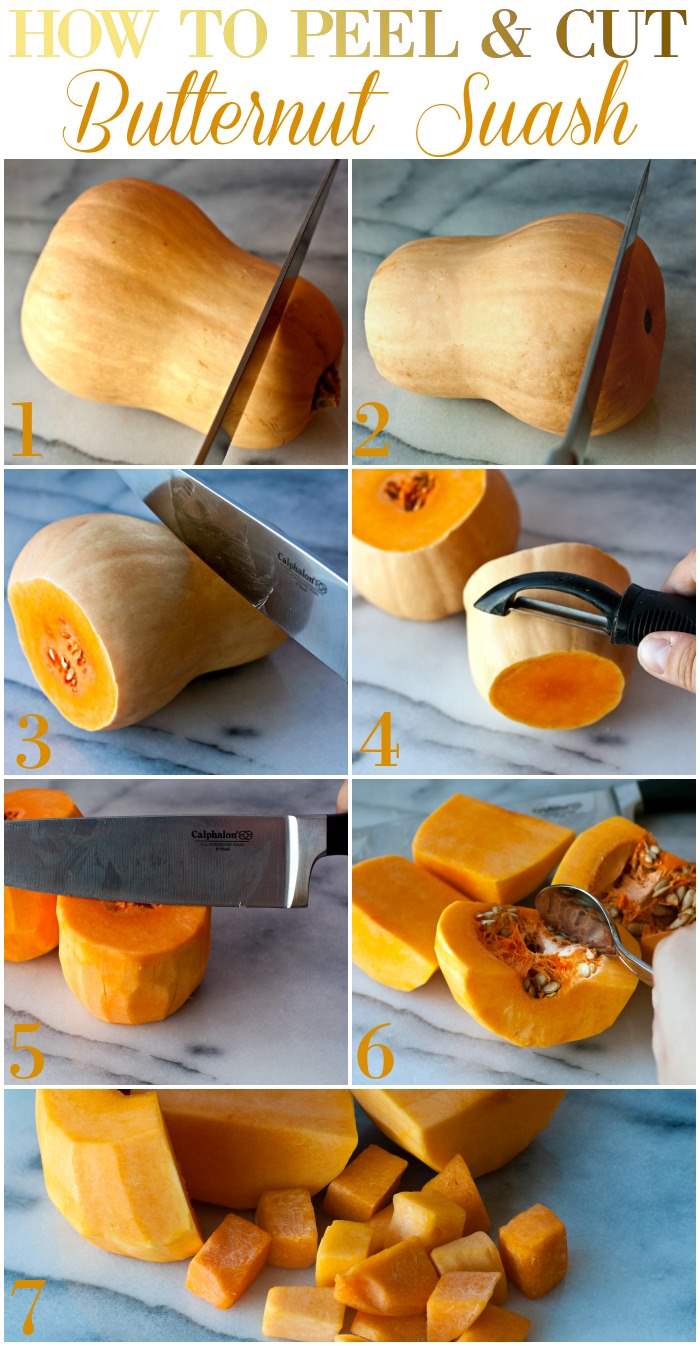 Collage of process shots for how to cut butternut squash with text overlay for social media