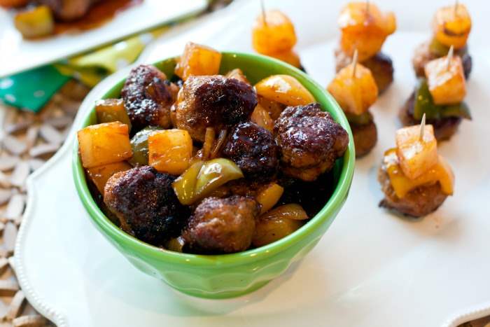 A bowl of sweet and sour cocktail meatballs