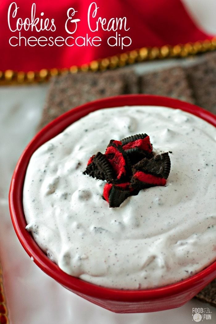 Overhead picture of cookies and cream cheesecake dip. 