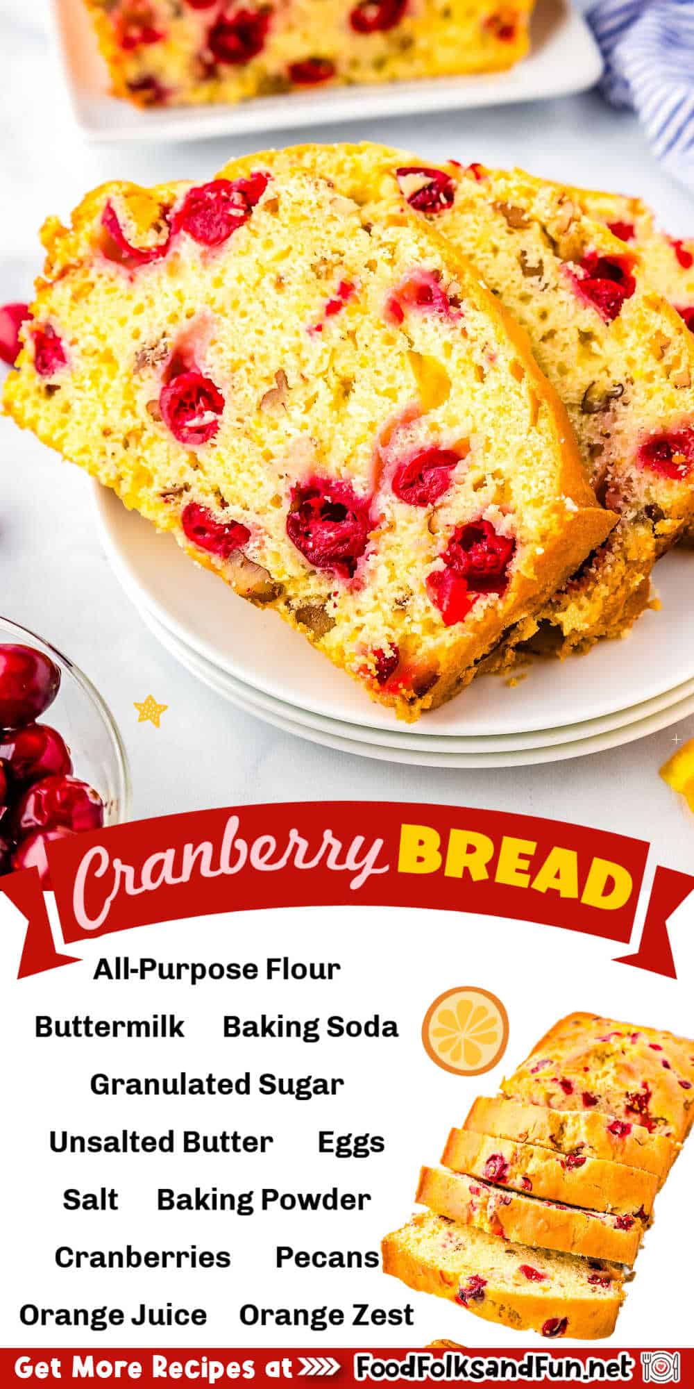 Imagine warm, sweet bread studded with tart cranberries, fragrant orange, and toasted pecans. This Cranberry Bread recipe yields two loaves - share the love or keep it all to yourself! via @foodfolksandfun