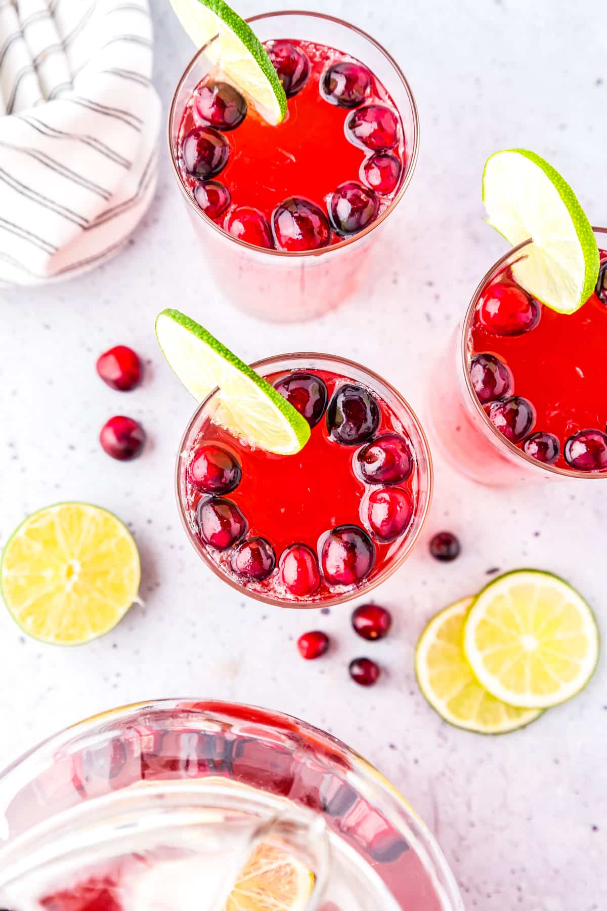 An overhead of Cranberry Juice Mocktail in classes.