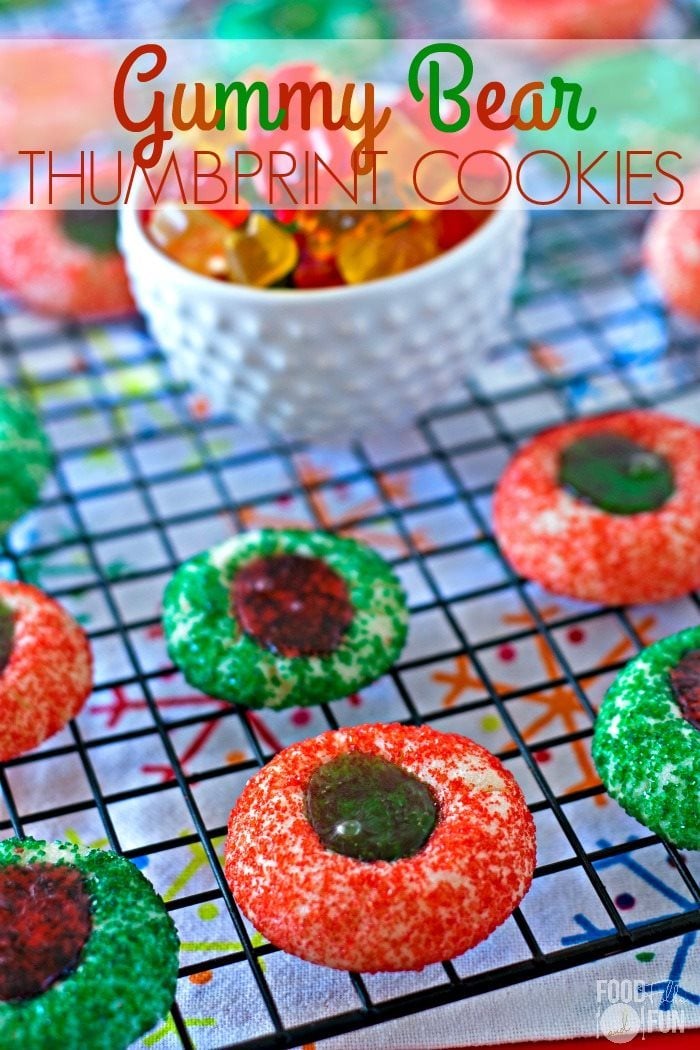 Gummy Bear Thumbprint Cookies on a wire rack