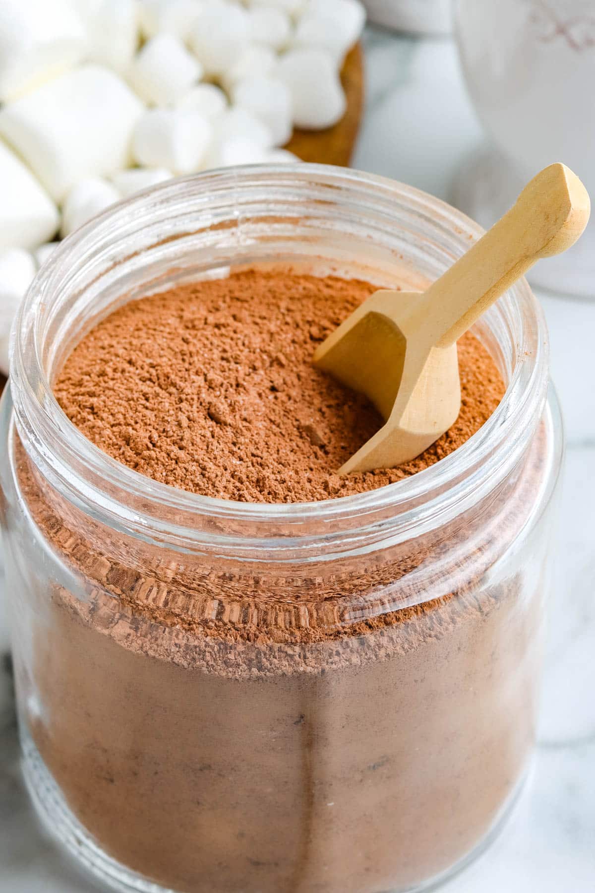 The finished Homemade Hot Chocolate Mix in a Mason jar.