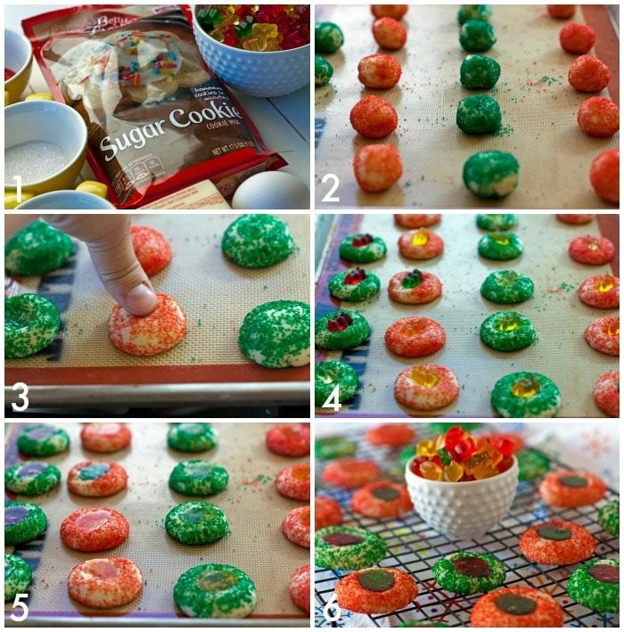 A collage of process shots making Gummy Bear Thumbprint Cookies with text overlay for Pinterest