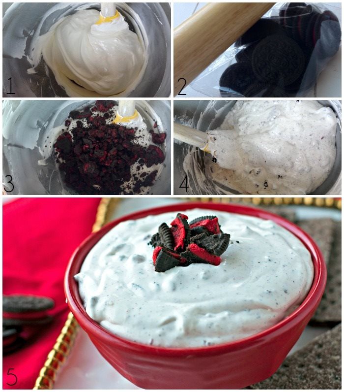 Step-by-step picture collage of how to make this dip. 