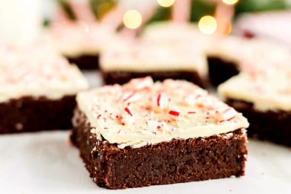 Close up picture of a brownies on a white plate. 