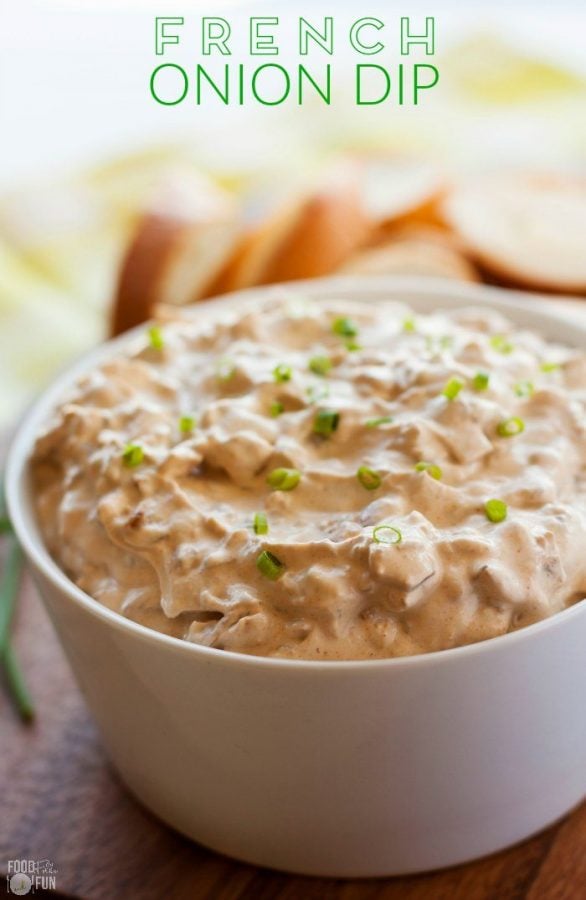 French onion dip in a white bowl.