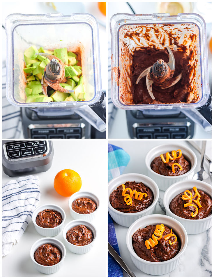A picture collage showing how to make Avocado Chocolate Pudding.