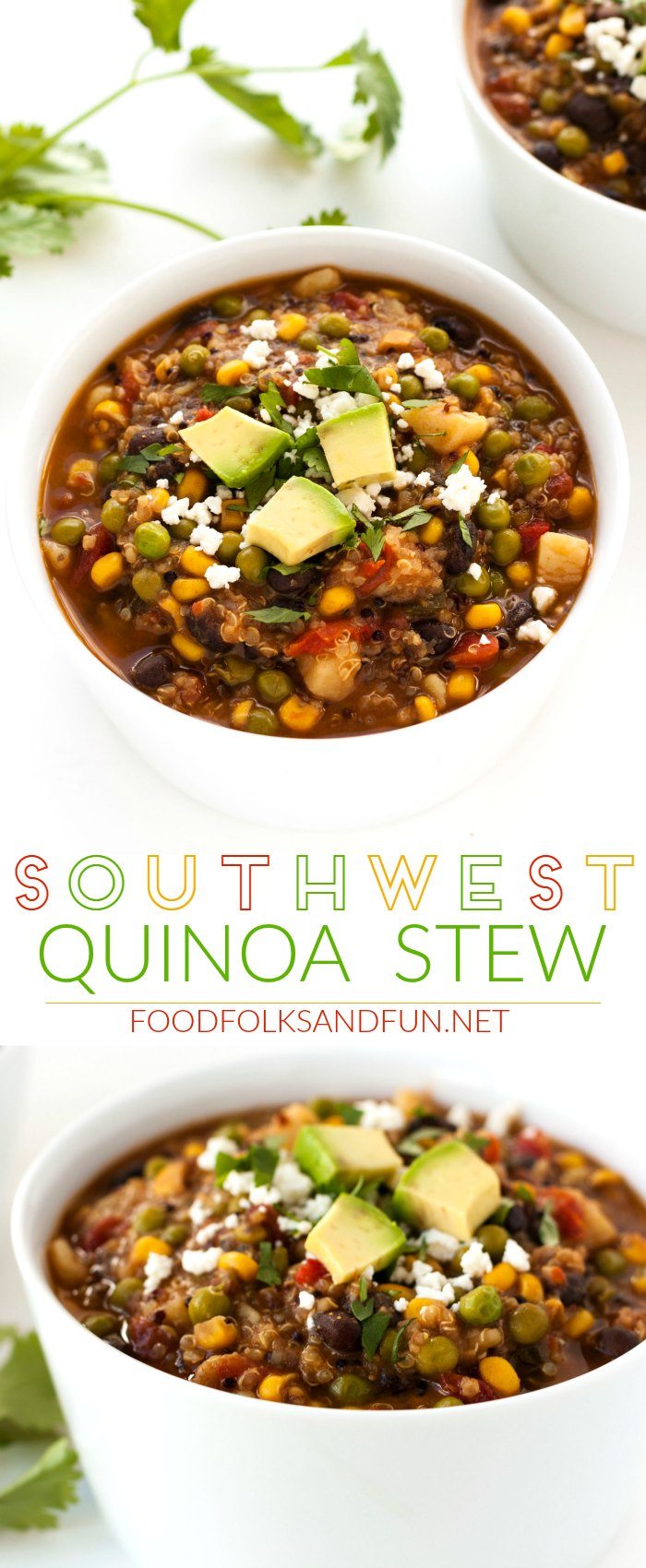 Picture collage of southwest quinoa stew. 