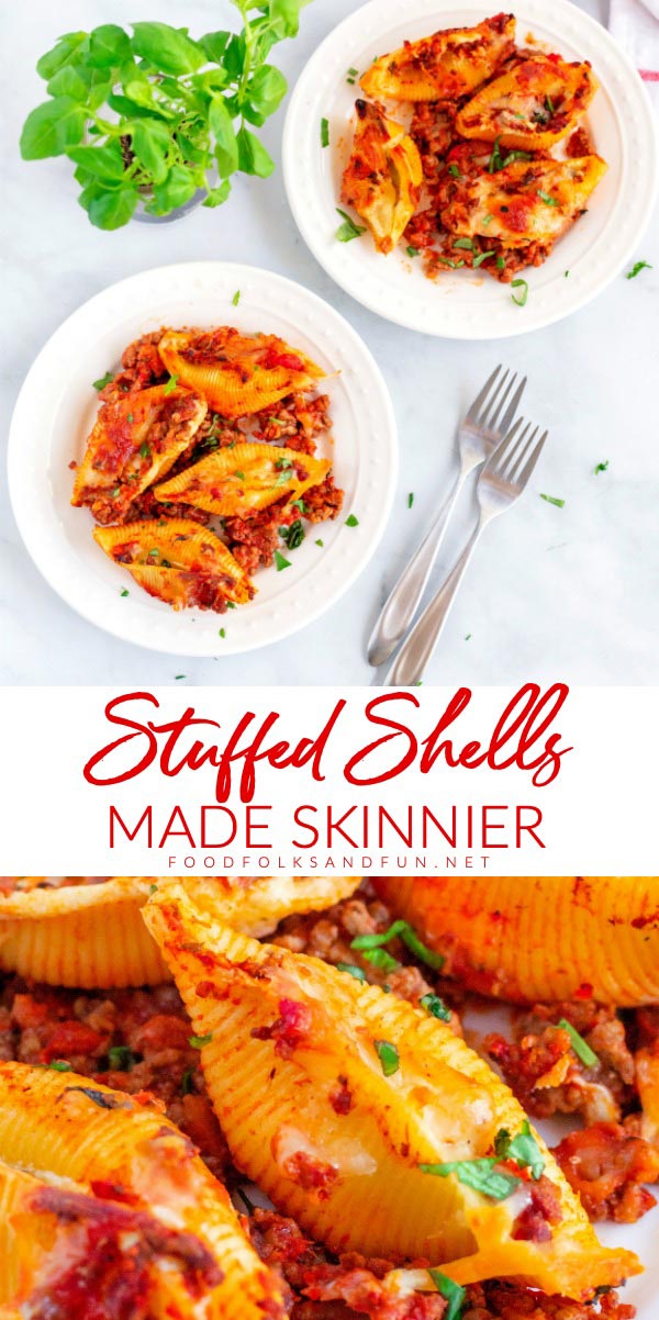 This Skinnier Stuffed Shells recipe is packed with flavor and a velvety-smooth filling. Come see the secret to making them skinnier!  via @foodfolksandfun