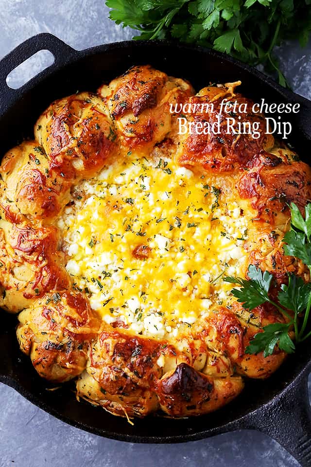 Warm Feta Cheese Bread Ring dip with text overlay for Pinterest