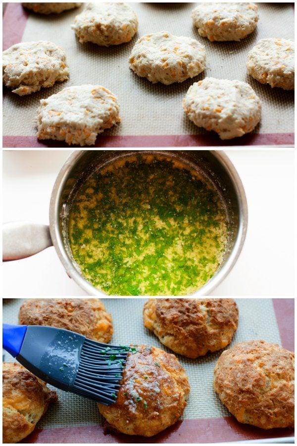 A collage of process shots of making Cheddar Biscuits