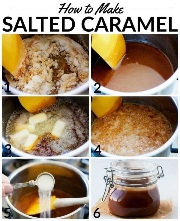 A picture collage of the different steps of making salted caramel sauce with text overlay for Pinterest. 