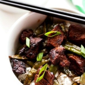 A bowl of Orange Beef with Snap Peas