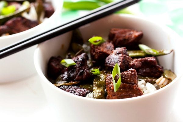 A close-up of Sichuan Style Orange Beef in a bowl